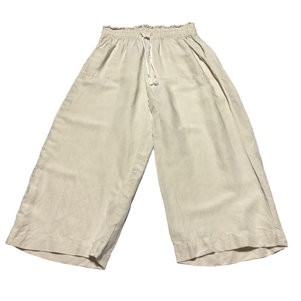 Southern Tide Size S Beige Wide Leg Linen Blend Pull On Cropped Pants Pockets